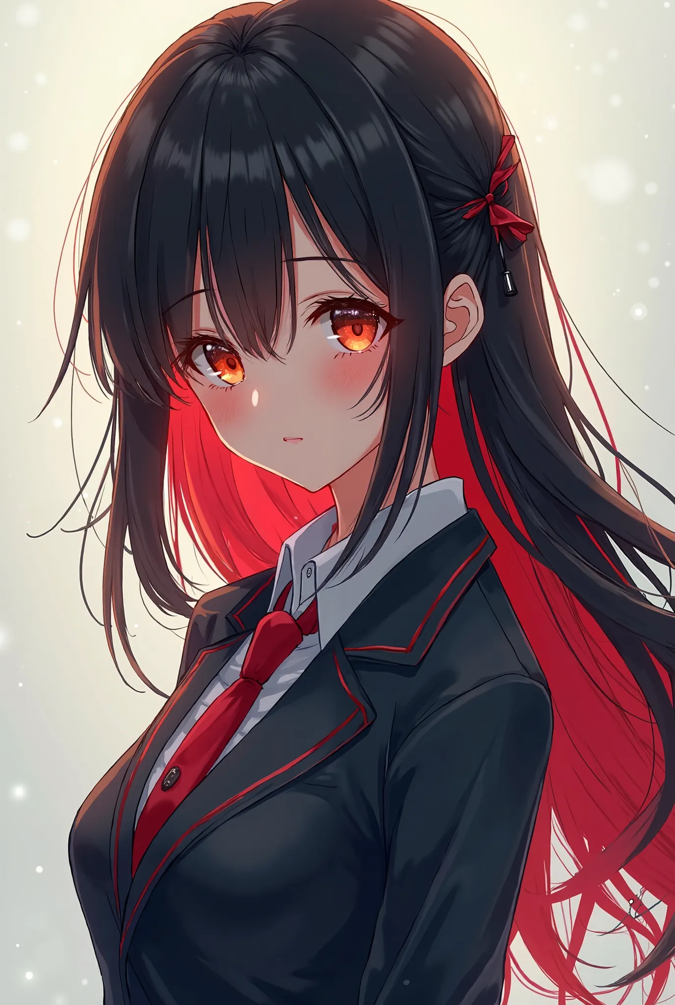 Anime girl with black hair, red highlights, orange eyes, school uniform