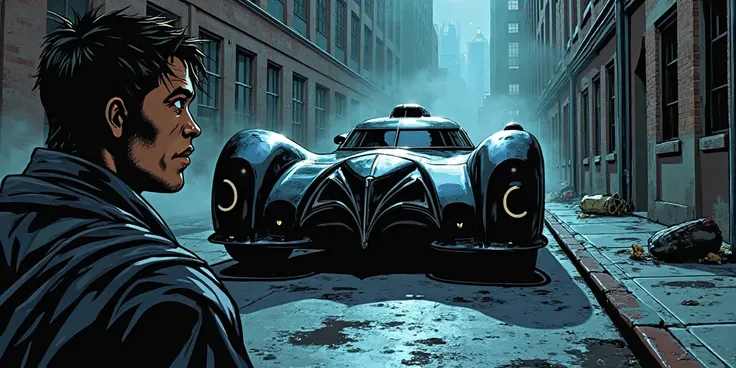 Jason rounds a corner, his eyes wide in shock as he sees the Batmobile parked in the alley, its sleek black armor glowing faintly under the streetlights. comic style