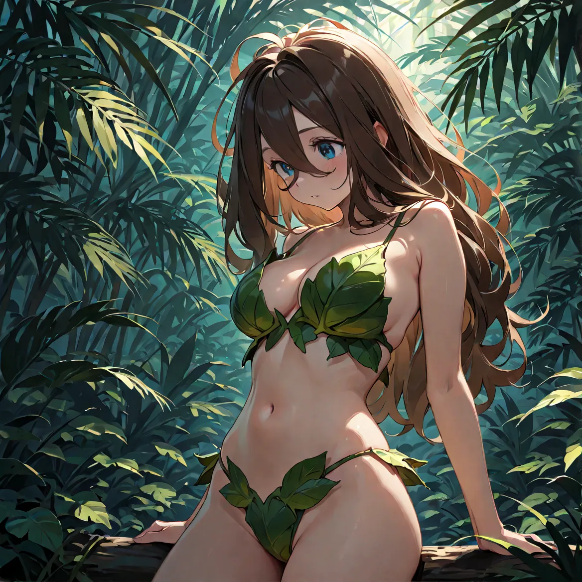 masterpiece, absurdres, amazing quality, best quality, 1girl, rosa, ((rosa)), ((Pokemon)), long brown hair, blue eyes, average breasts, slender, moving through undergrowth, sense of wonder, leaf bra, leaf panties, jungle, high quality, very aesthetic, dark...