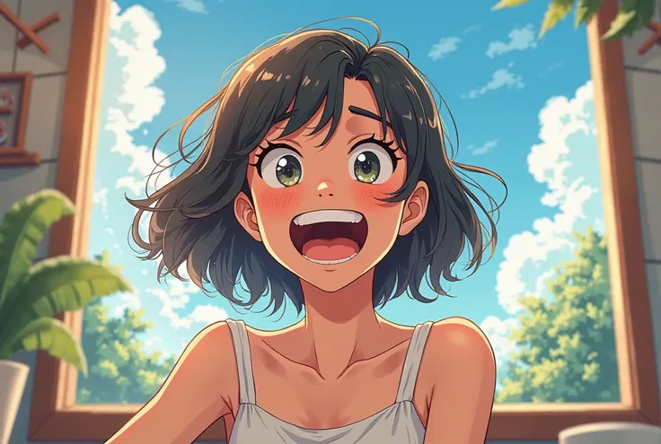 The girl is laughing with her mouth wide open. The girl has a bad attitude. It has a warm and romantic atmosphere. The delicate line drawings, expressive eyes, and pastel colors are characteristic of the classic girls' manga style. In the background, there...