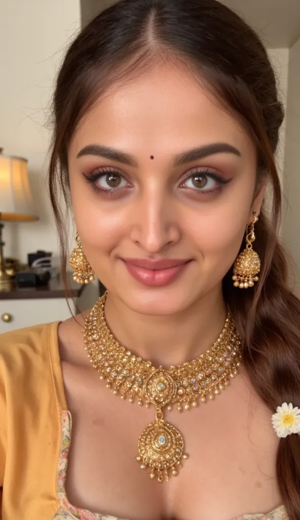 "Create a realistic 8k image of extreme closeup of naked traditional Indian selfie, luxurious bed, She is adorned with traditional gold jewelleryh, including a necklace with pendants and matching earrings, hairy armpits, and has jasmine flowers in her neat...