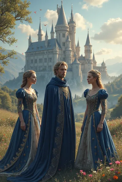 A kingdom where the castle is and there are two queens and a king in navy blue with broken hearts 