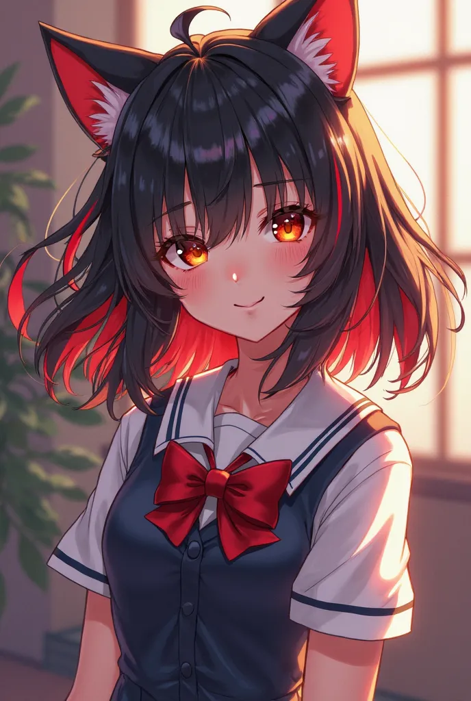 Anime girl with black hair, red highlights, orange eyes, school uniform with cat ear