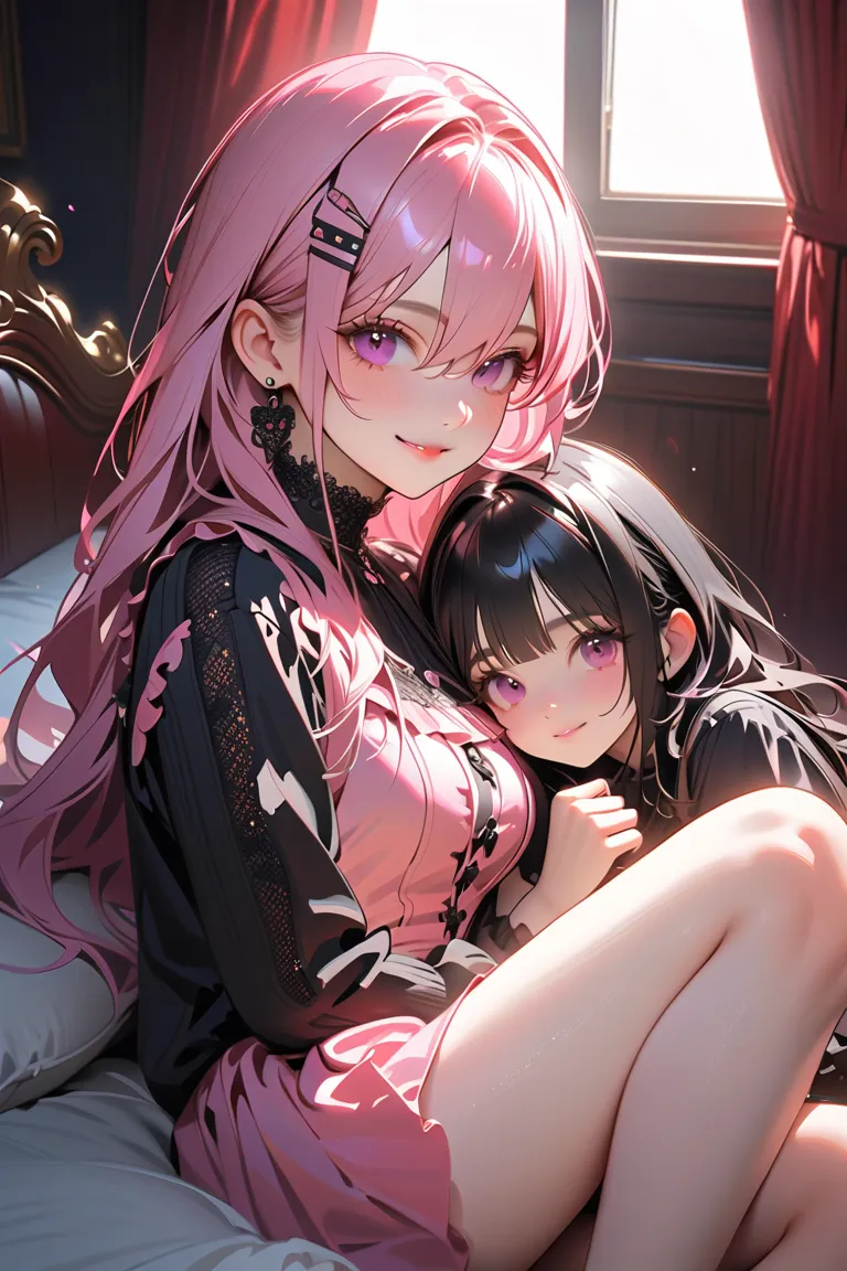  1giri,   (best quality, masterpiece, Impressionism, high score, GREAT SCORE, ultra detailed, absurdres, absolutely resolution), Two landmine-type girls sitting side by side on a bed, dressed in black and pink fashion, gothic lolita-style makeup and access...