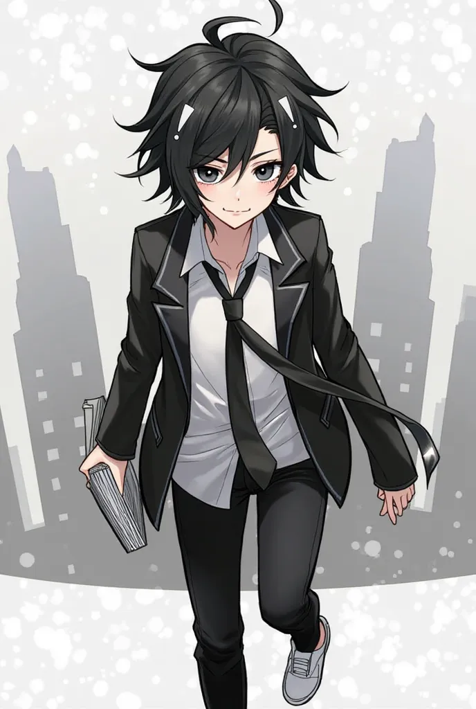 - **Messy black hair with white exclamation mark accessories on one side of the head.**
- **Big black eyes full of energy and determination.**
- **An open black jacket over a white shirt with a loose black tie.**
- **Black pants and shiny white shoes.**
- ...