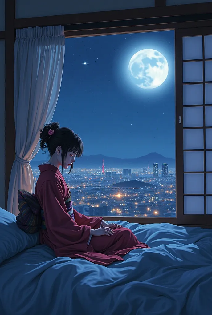 A Japanese woman wearing a kimono is sleeping alone、Mysterious and wonderful sight. You can see the city of Kyoto in Japan from the window、quiet night. Japanese-style room、digital illustration, , Digital Art　 Ilya Kubushinoff  ,   8K Anime Art Wallpaper  ,...