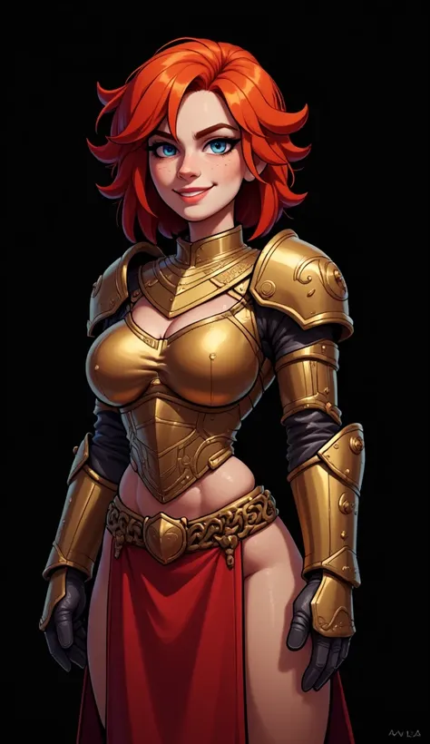 cflxcrtn3, best quality, 4k, extremely detailed, masterpiece, (((paladin girl))), middle length chaotic haircut, red hair, shaggy hair (dark gold plate mail, chain mail, armored gauntlets, red skirt, pelvic curtain), slim waist, thicc hips, (Scarlett Johan...