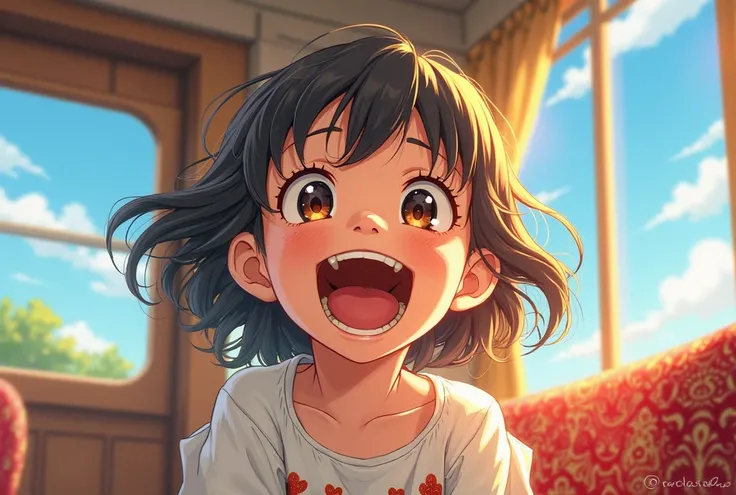 The girl is laughing with her mouth wide open. The girl has a bad attitude. It has a warm and romantic atmosphere. The delicate lines, expressive eyes, and pastel colors are characteristic of the art style reminiscent of classic girls' manga. In the backgr...