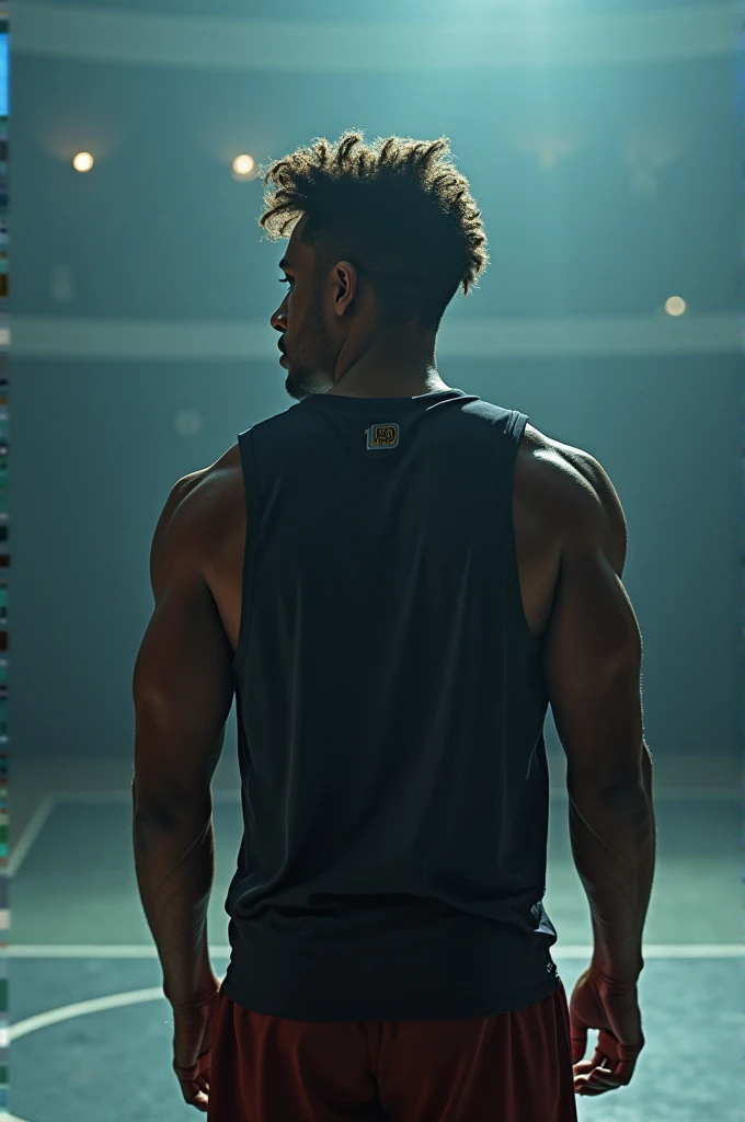  with your back to the camera, the athletic silhouette of Belmon Scott emerges against the diffuse background of a basketball court. His uniform, composed of a sleeveless sweater and shorts, , highlights the well-defined muscles of his arms, , giving a gli...