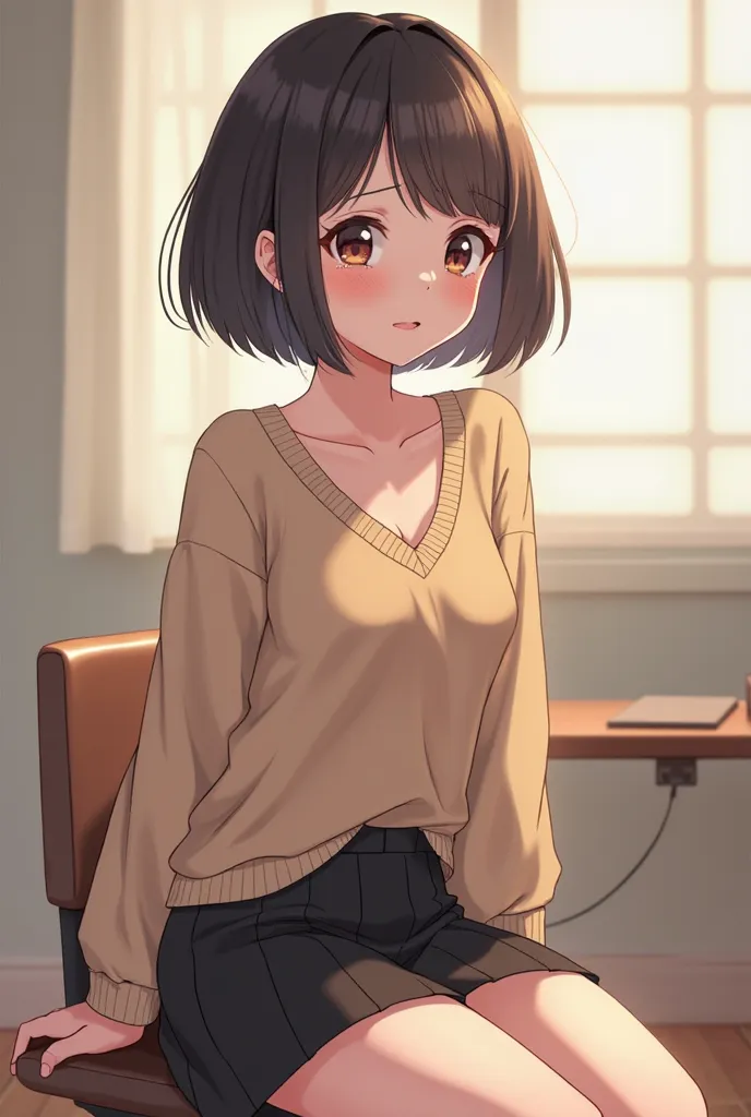 Short-haired Koreans in their 20s in a loose V-neck knitwear with one shoulder down and black tight H-line skirt, white woman sitting on a desk, cute face, 2D animation character, colorful body, thick leash, tearful expression,