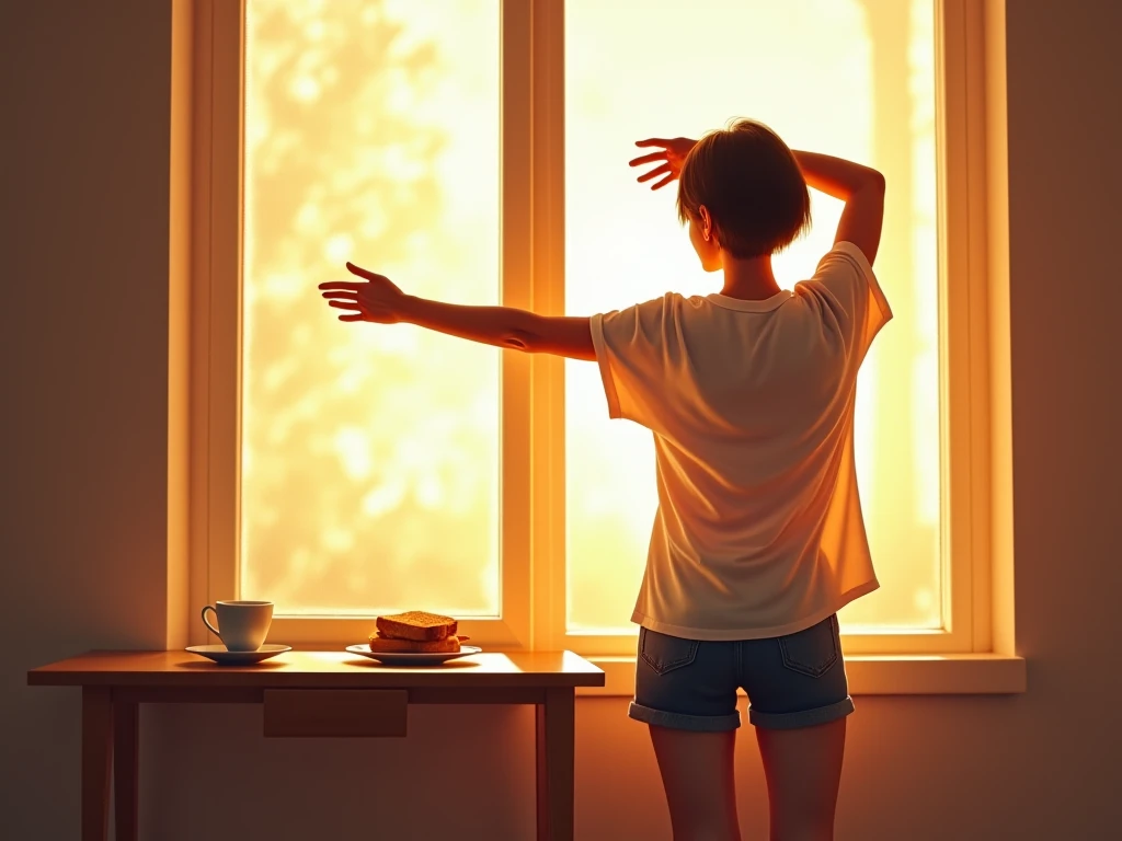 Sunlight passing through an open window, a back view of a young woman in her 20s with short hair standing while stretching and looking out the window, wearing a loose-fit T-shirt and short shorts, a cup of coffee placed on the window, toast on the table, a...