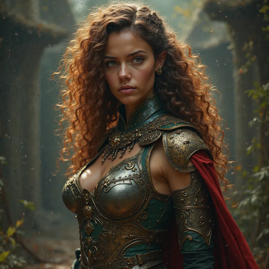 girl, warrior, beautiful, king, curly hair,  green eyes, 16K Ultra HD, Realistic, full body viewer, Photo 3