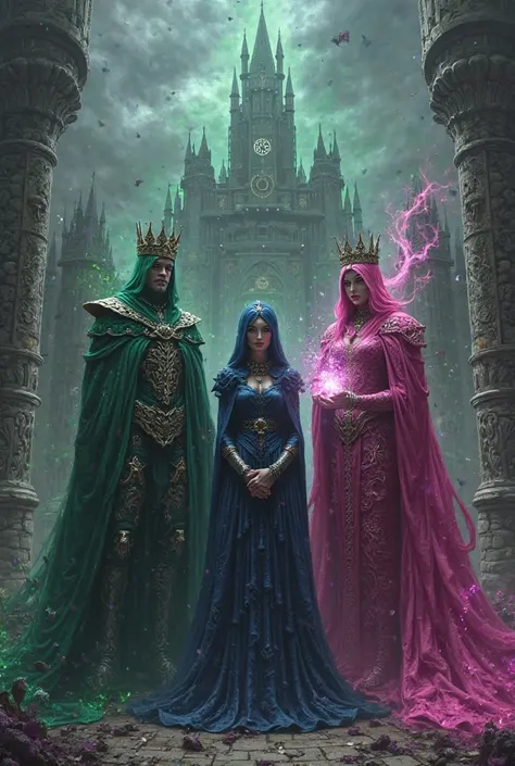 A kingdom where there are three evil kings, a green king., one navy blue queen in the middle and the other pink queen that you notice that she has magic and they are evil