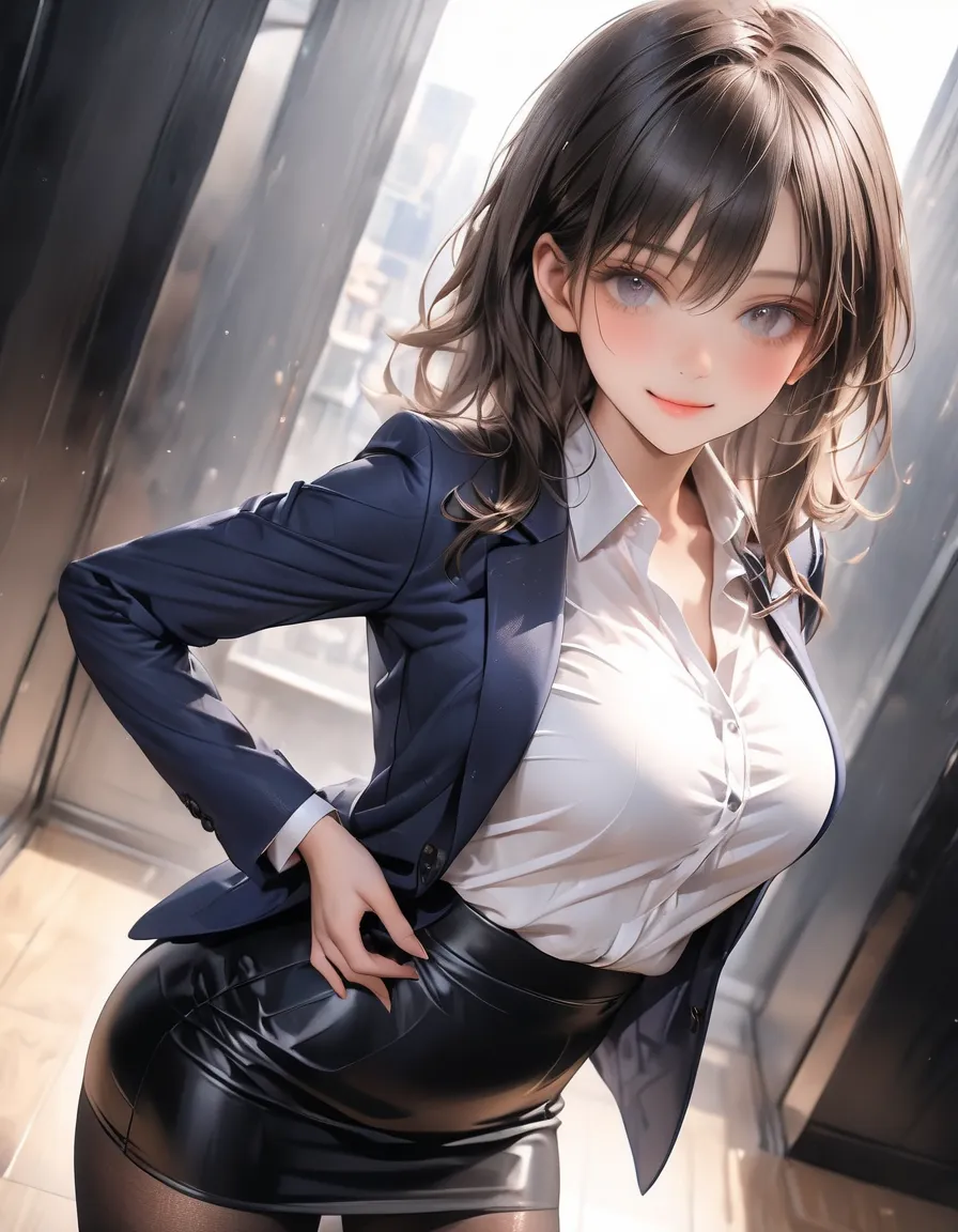 (((Female lawyer,  formal suit skirt, Pencil Skirt, pantyhose, white blouse,  navy blue jacket,))), skinny, Alone,  1 female, masterpiece, Best Quality, Best Quality, 16k, very absurd, very detailed, 2.5D, AI-generated, delicate and dynamic,  very delicate...