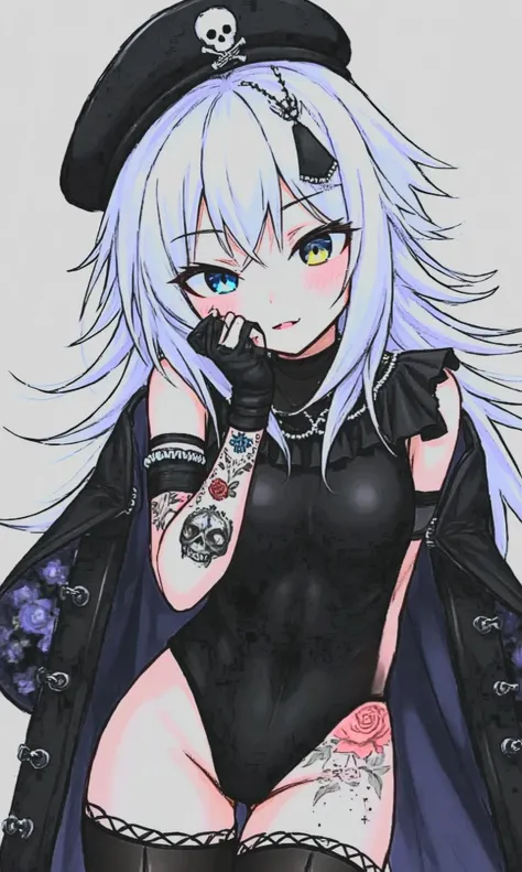 Gender: Male
Stuff: White hair with black streaks. Heterochromia(Left eye: Blue. Right eye: Gold)
Extra: 5'9, FEMBOY so a tomgirl. A scar on his cheek going down the jawline.

Black beret adorned with a skull emblem. A black sleeveless black coat with a bl...