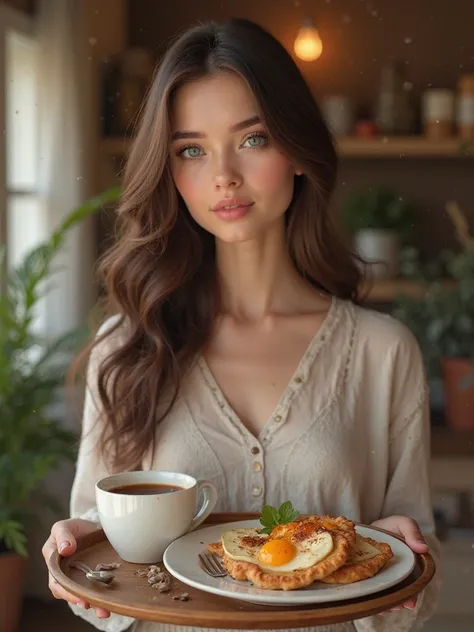 A young woman with long brown hair and blue eyes holds a tray of coffee and breakfast in her hands

Textured skin, Super detailed, 