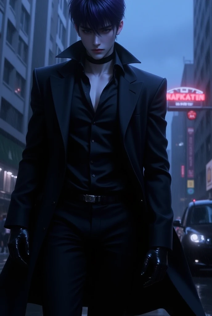 A shadowy and enigmatic figure with deep violet-black hair, slicked back, and piercing icy-blue eyes. Wearing a sleek all-black outfit with a long, fitted coat and leather gloves. Standing against a dimly lit city skyline, blending into the darkness, with ...