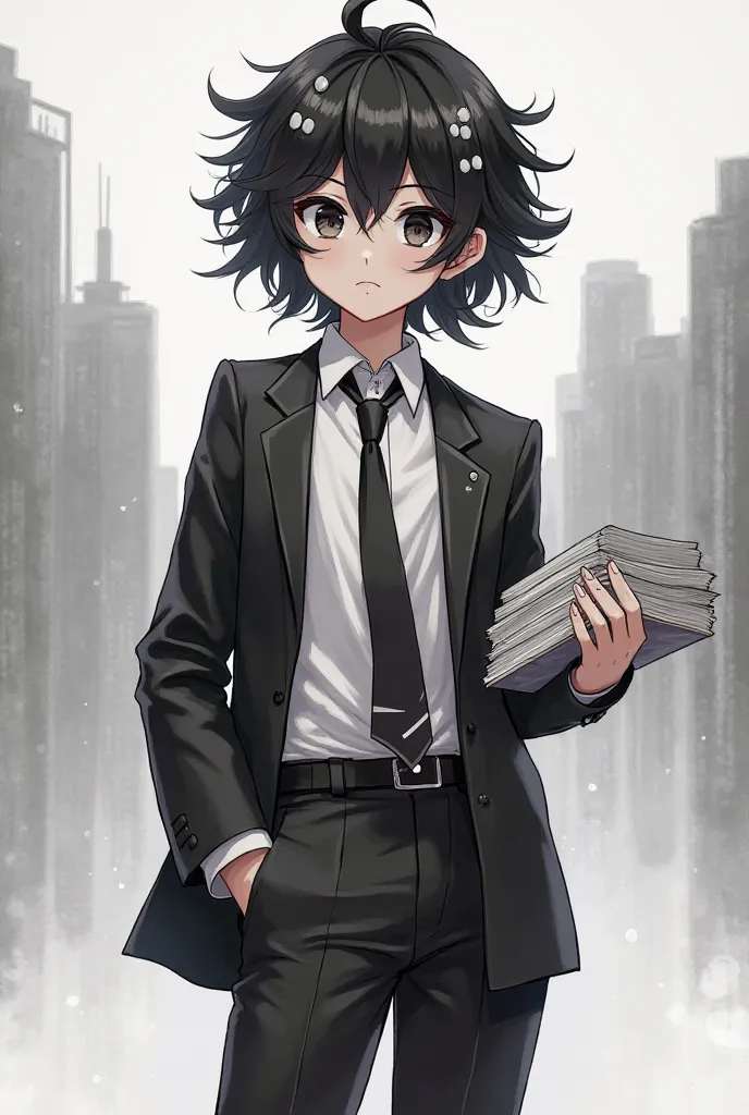 - **Messy black hair with white accessories.**
- **Big black eyes full of energy and determination.**
- **An open black jacket over a white shirt with a loose black tie.**
- **Black pants and shiny white shoes.**
- **A stack of books or papers in the left ...