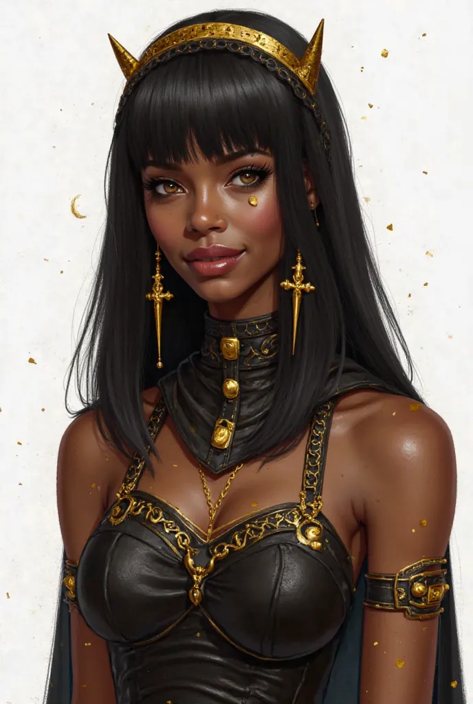 Semi-realistic drawing of a dark-skinned woman with straight black hair and straight bangs.  Her eyes are golden and shiny . She wears a tight black outfit with gold details, including a high collar and straps decorated with golden lines. She wears a black...