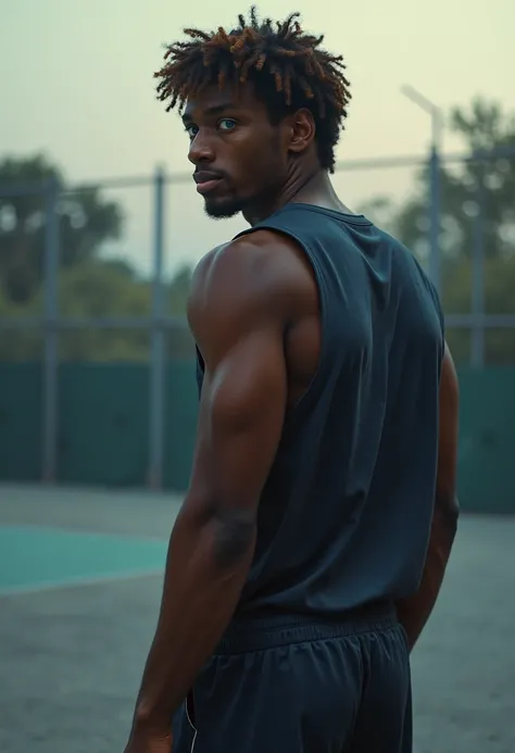  with your back to the camera, the athletic silhouette of Belmon Scott emerges against the diffuse background of a basketball court. His uniform, composed of a sleeveless sweater and shorts, , highlights the well-defined muscles of his arms, , giving a gli...