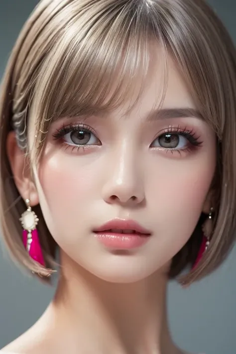 ( top quality , masterpiece),  One girl ,  beautiful girls,  brown_Eye  , ((hair color [Silver hair], [ pixie cut with a bang] hair)),  earrings for women with first name, lips, Short sleeve, realistic , Slim waist, Charming,   colorful makeup ,  has long ...