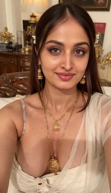 "Create a realistic 8k image of extreme closeup of naked traditional Indian seductive look selfie, luxurious bed, She is adorned with traditional gold jewelleryh, including a necklace with pendants and matching earrings, hairy armpits, and has jasmine flow...