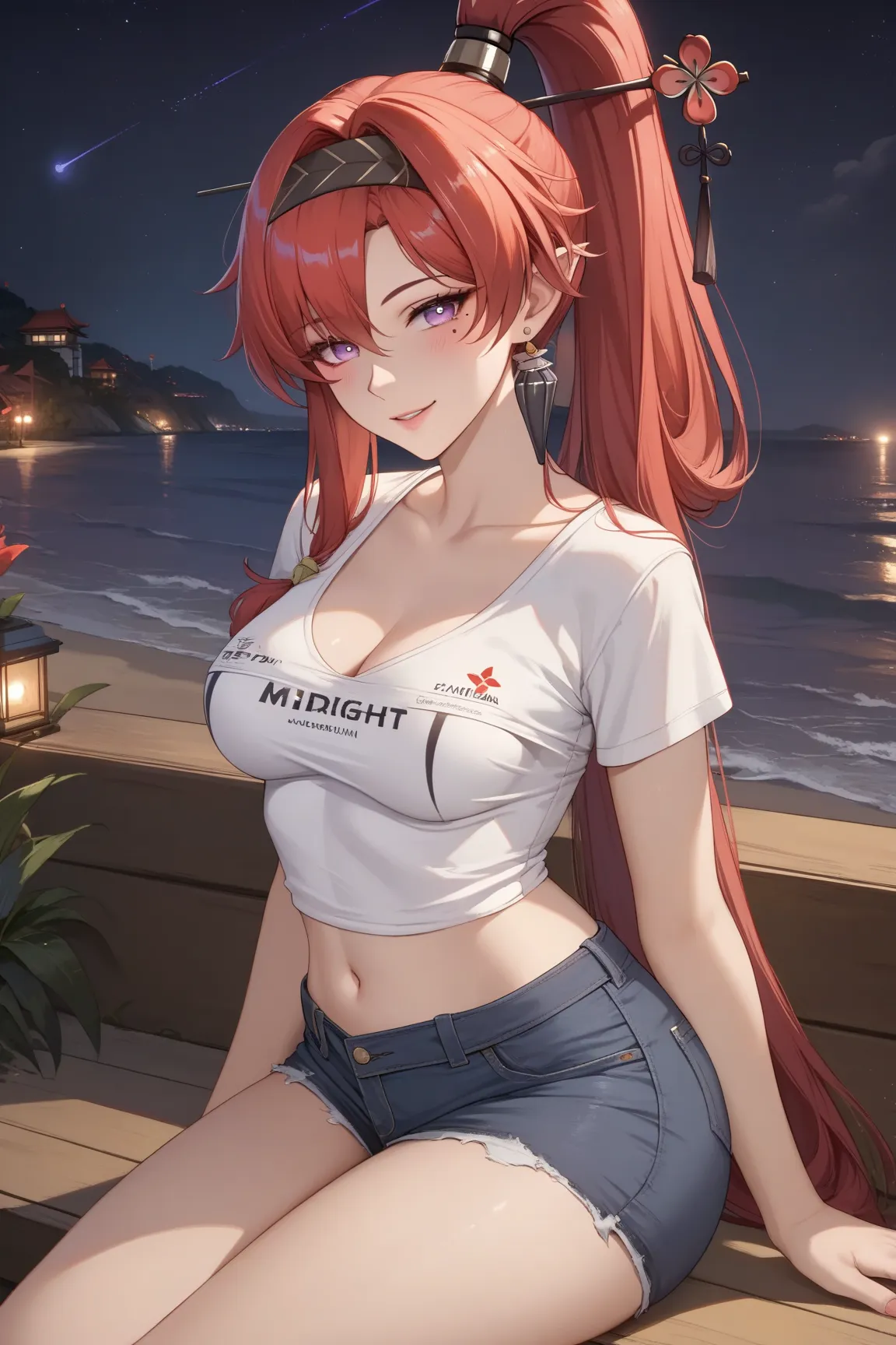 (((cowboy shot, cinematic lighting, midnight, night, dark))), ((Yinlin, red hair, mole under eye, purple eyes, hair stick, hair ornament)), (t-shirt, navel, short jeans, beach), 1girl, medium breasts, huge butt, thick thighs, sensual woman, mature female, ...