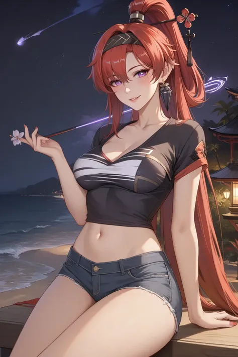 (((cowboy shot, cinematic lighting, midnight, night, dark))), ((Yinlin, red hair, mole under eye, purple eyes, hair stick, hair ornament)), (t-shirt, navel, short jeans, beach), 1girl, medium breasts, huge butt, thick thighs, sensual woman, mature female, ...