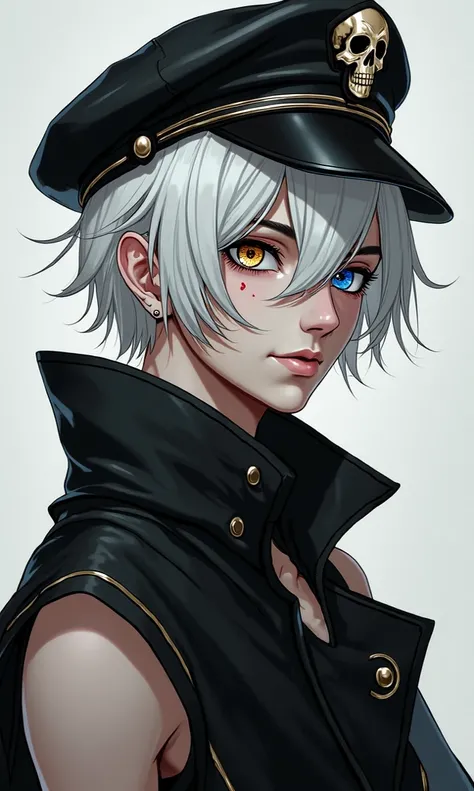 Gender: Male
Stuff: White hair with black streaks. Heterochromia(Left eye: Blue. Right eye: Gold)
Extra: 5'9, FEMBOY so a tomgirl. A scar on his cheek going down the jawline.

Black beret adorned with a skull emblem. A black sleeveless black coat with a bl...