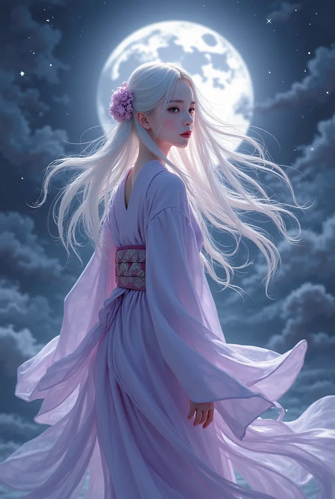 A pretty girl in a lilac kimono with white hair under the moon 