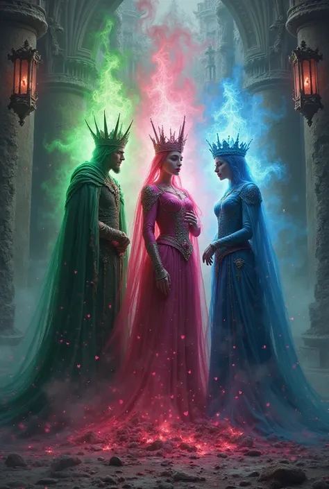 A kingdom where there are three evil kings, a green king., one pink queen in the middle and the other blue queen that you notice that she has magic and they are evil And that in the background there are broken hearts of the three colors