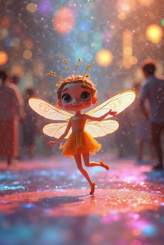 A cute young girly dragonfly dancing on a dancefloor