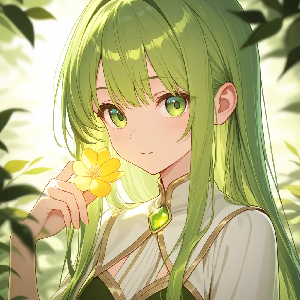 Fascinating close-up portrait of a beautiful girl with green hair, beautiful green eyes, shining with a bright light of golden color, its delicate contours delicately, thin clothes have a beautiful curved shape in the middle of nature.