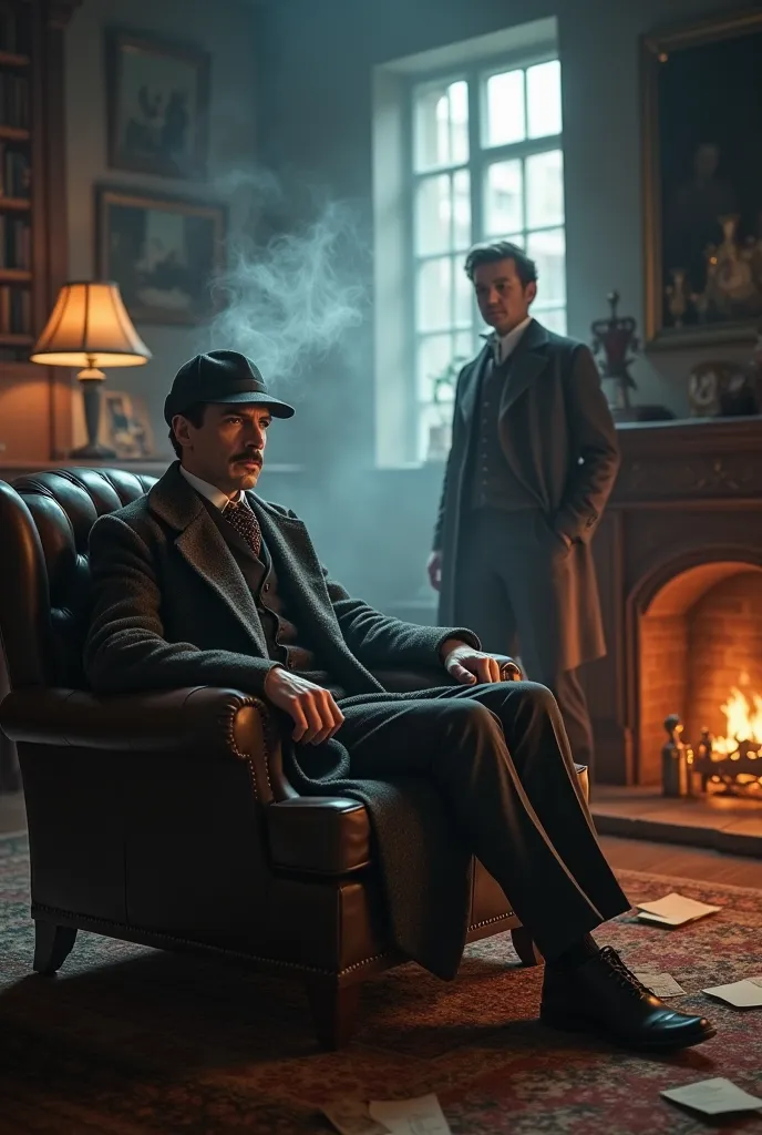 📌  Image: Baker Street living room 221B, Holmes is sitting in the smoke, Watson enters.