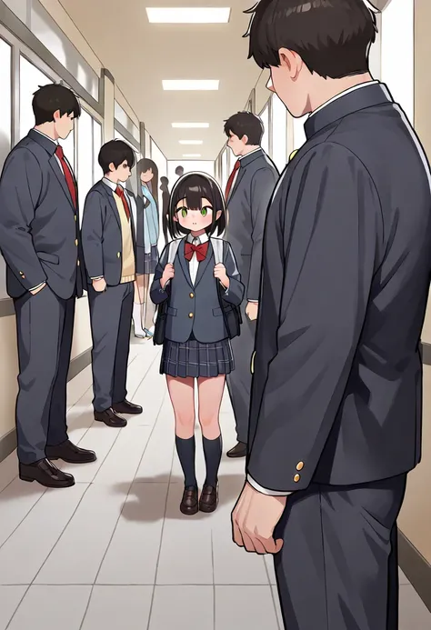 (cute males and females: 1.1), simple background, (macro size: 1.1), school hallway, (multiple people: 1.2), (height difference: 1.2), (size difference: 1.1), cute, (trap femboy: 1.1), lunch outside