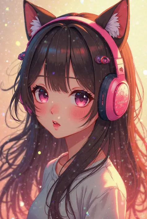 Anime girl with long brown hair, with razer Kraken kitty edition headphones