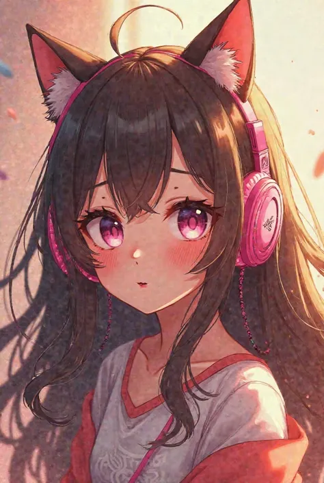 Anime girl with long brown hair, with razer Kraken kitty edition headphones