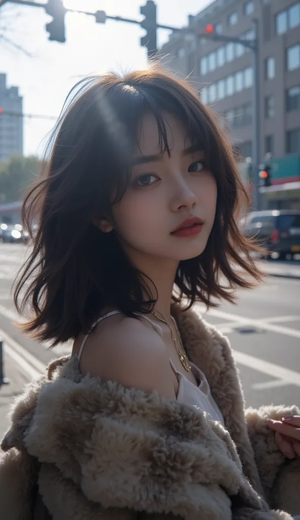 20-year-old female influencer。popular on Instagram and TikTok、A shot from a mysterious angle that seems to be invisible {x} Stylish street snaps taken against an urban street in the background。Her face is partially hidden、A scene where natural light shines...