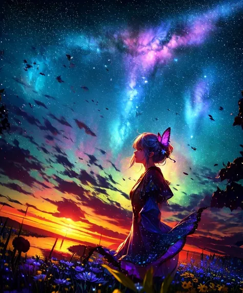  Describe the scene where a cute girl character is lying on a grassy hill looking up at the starry night sky, looking up at the starry sky.  surrounding her with colorful nebulae and her favorite constellations.。A beautiful seven-colored butterfly flutters...