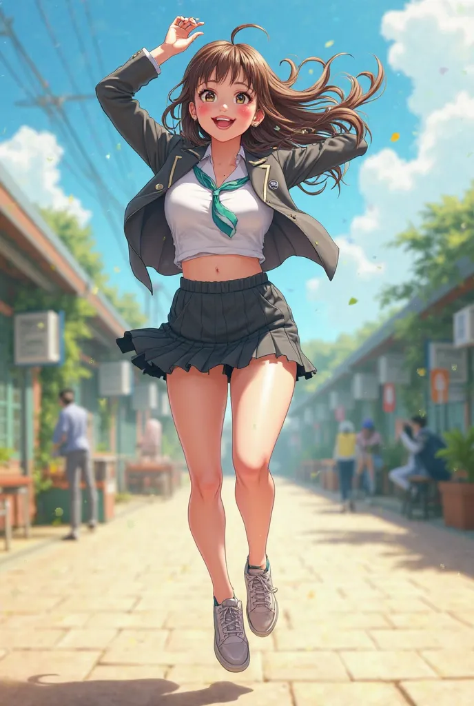 An animated woman in student costume with big boobs very big boobs jumping
