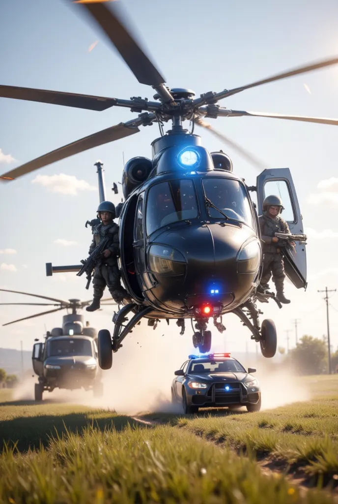 A police helicopter, With soldiers sitting at the door, shooting at a criminal vehicle, No police lights, In the middle of a meadow