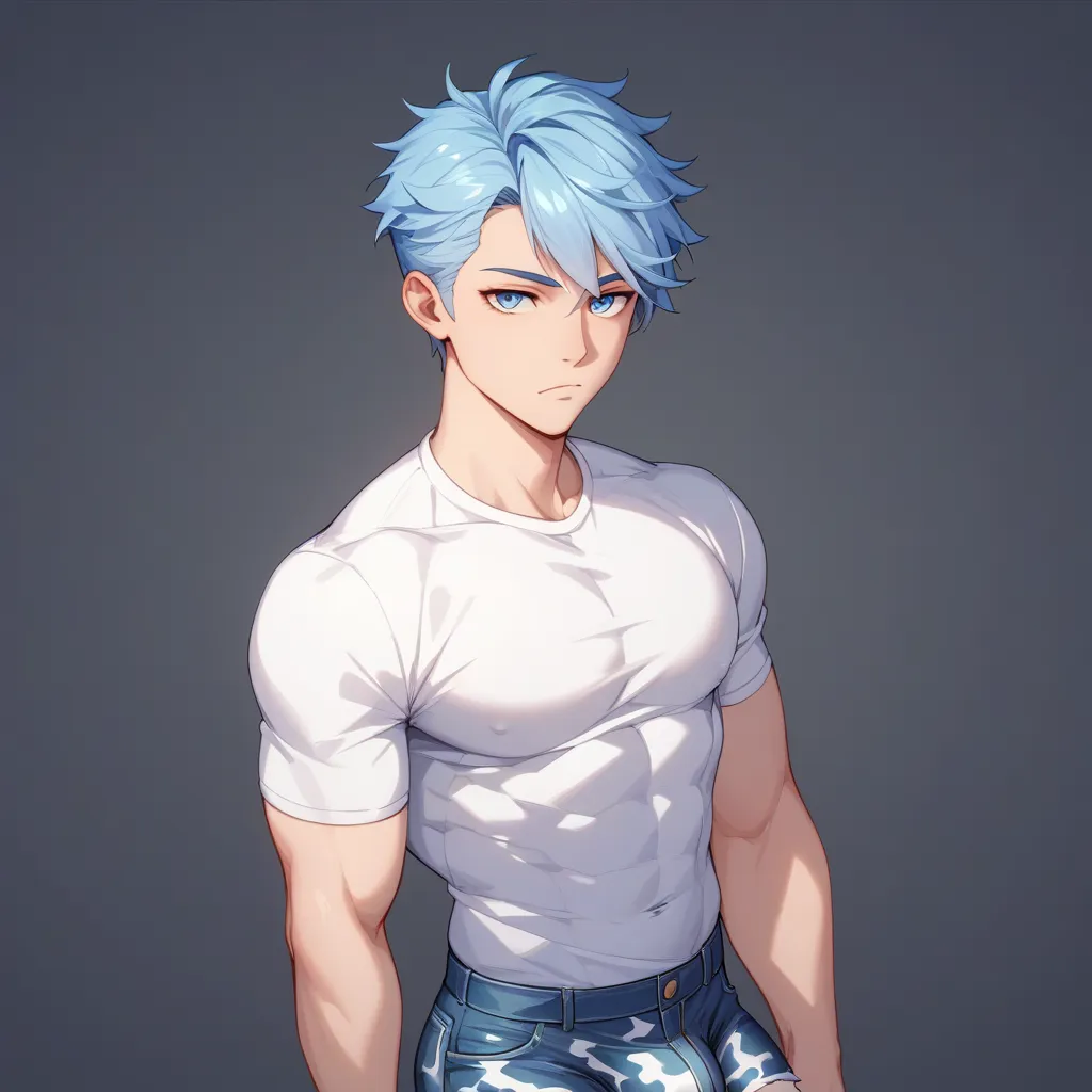  male elementary school student 、android for service、Artificial human 、light blue hair tied at the top 、expressionless、waist-length white shirt、camouflage denim shorts 、hot pants that stand upright、standing straight、facing forward、Standing Facing Front、Big...