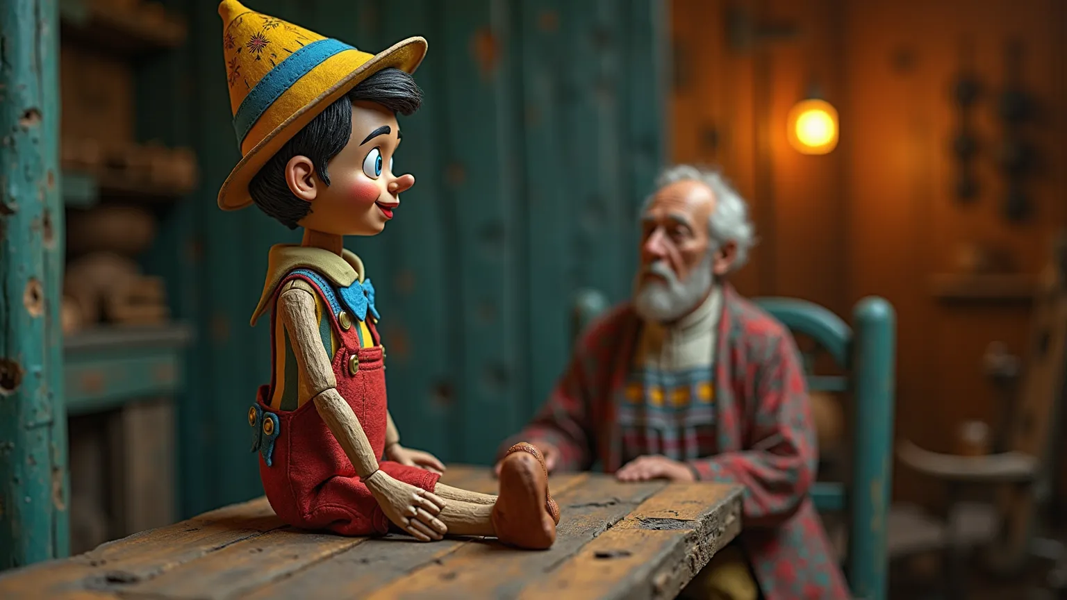 4K, 8K resolution surreal image, Disney-like Pinocchio, Pinocchio made of wood, detailed skin expression is important, wearing a hat with a complex yellow and blue, red color and overalls with a mix of white, red, yellow, and blue, the figure with his gran...