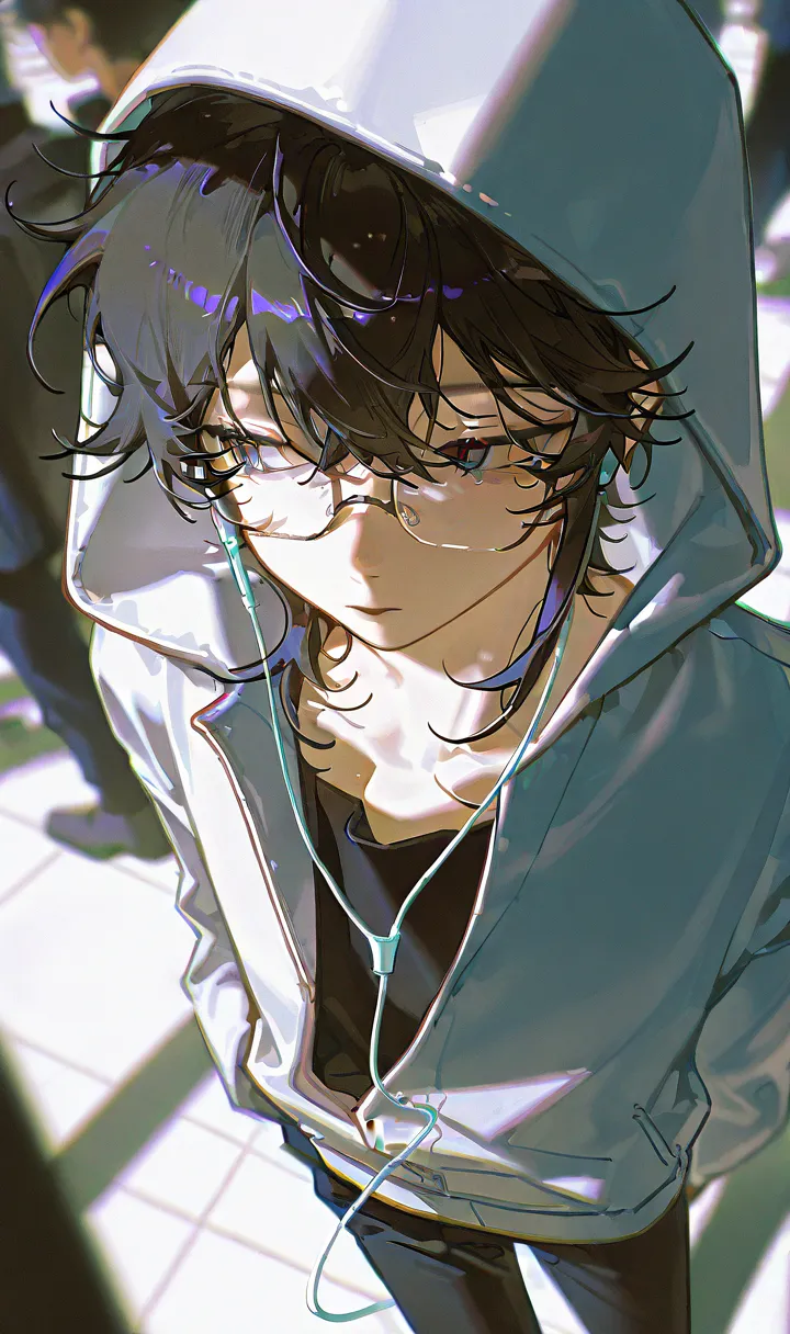 1boy,solo,bishounen,adolescent,androgynous, dizi930,shiej007, messy hair,sidelocks, hooded jacket,hood up,glasses,earphones, sideways glance, people, straight-on,eyes focus,from above,perspective, depth of field,chromatic aberration, very awa,newest,