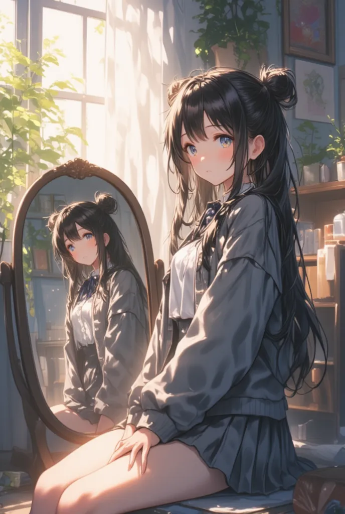 score_9, score_8_up, score_7_up, score_6_up, score_5_up, score_4_up, 
Angle from below 
Wide projection, full body projection (A girl sits in front of a mirror) (looking in the mirror)
(Hair tied up)    Top quality, Masterpiece, Ultra high resolution,
Beau...