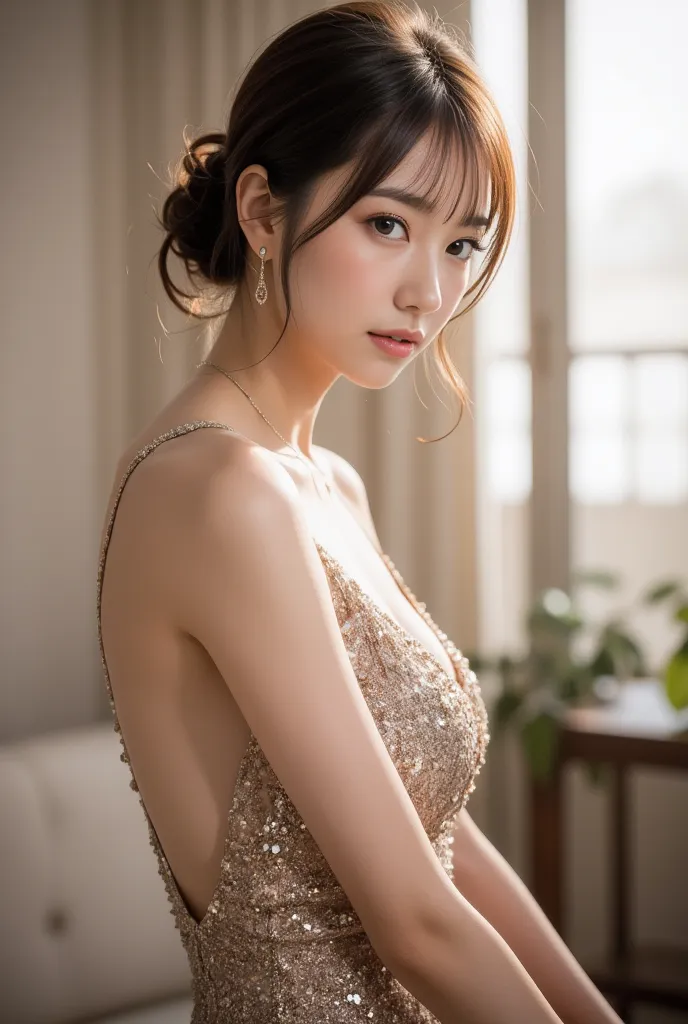 (greatest masterpiece:1.3), ( RAW photos :1.3), professional photography, double eyelid,,perfect Makeup,Realistic and beautiful skin,perfect anatomy,cute face,japanese idol,(perfect body,cleavage,slender waist ,slim waist,very Beautiful breasts:1.3),Updo h...