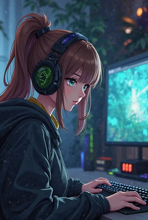 Anime Gamer Girl,  long brown hair tied up , WITHOUT FRINGE, with razer kraken edition headphones