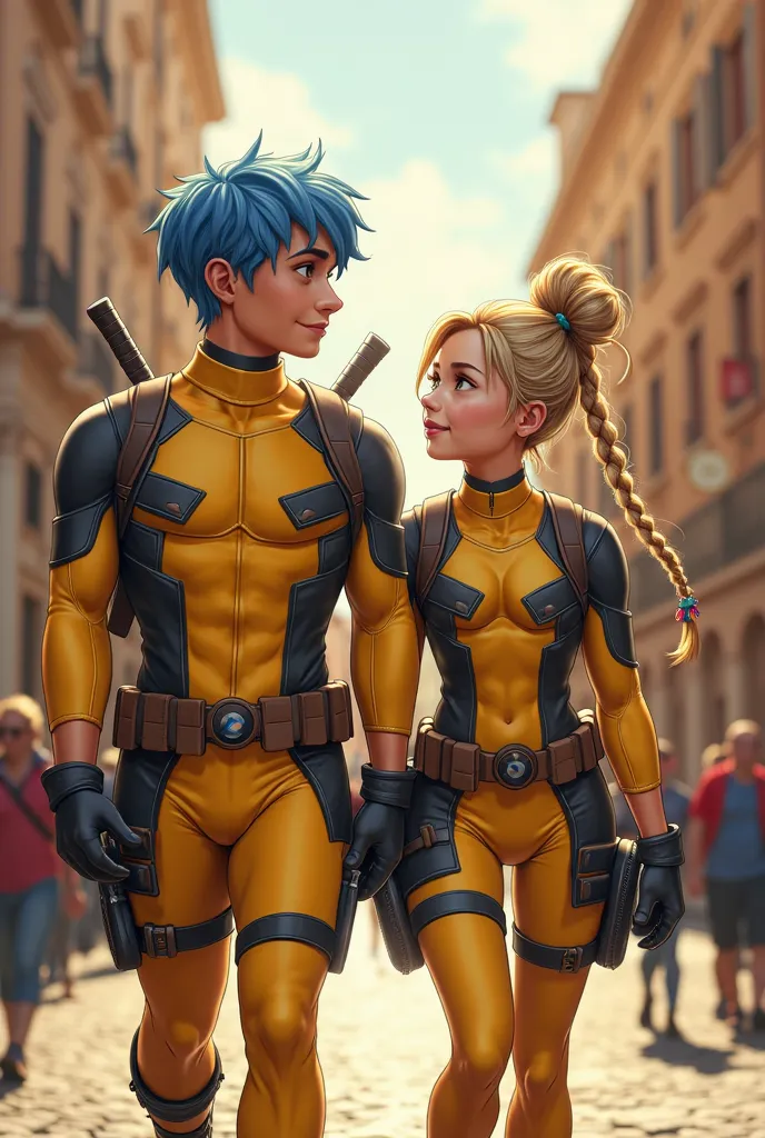  A handsome boy , ,hair of blue color,wearing a deadpool costume white color yellow combination dan Seorang anak perempuan cantik, ,long hair in a messy bun style blue bun ,wearing a deadpool costume white color yellow combination,  walking together in the...