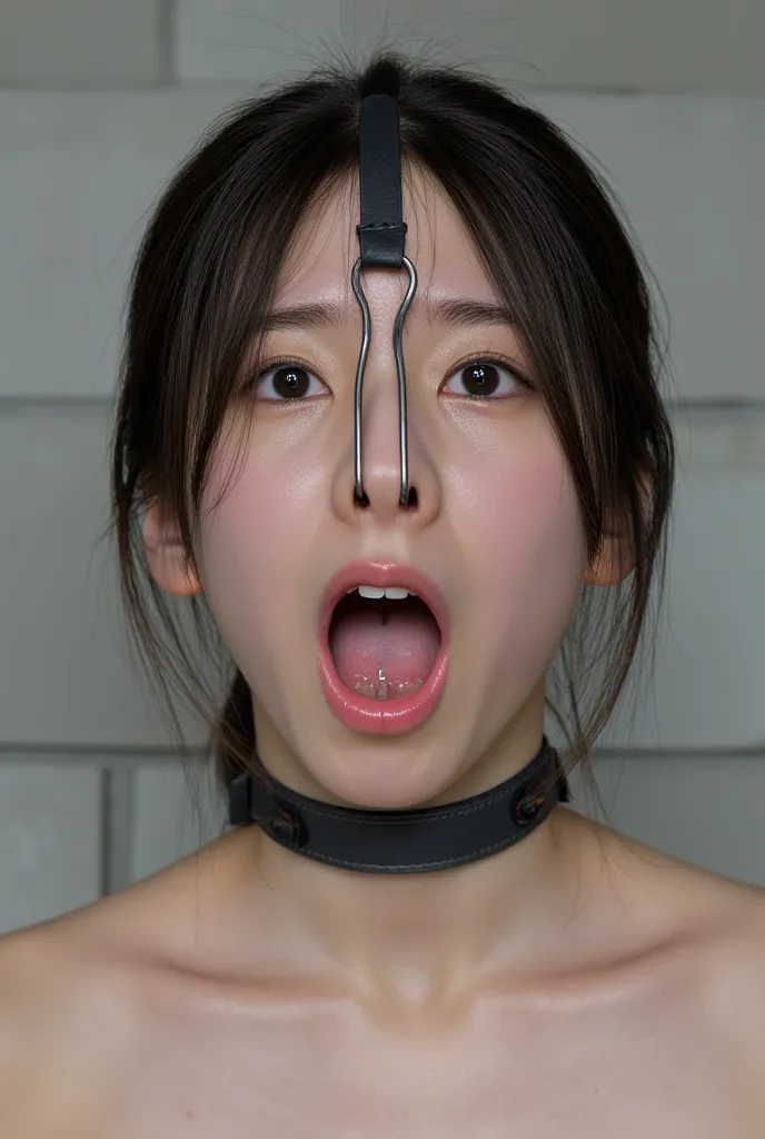 Yamasaki_Ten her mouth  open so that we can see inside, cheeks extended, traces of saliva, (nose hook with strap around top of head, metal collar: 1.4),  Nasal passages open so you can see inside, show me my nostrils , Highlight Her Nostrils,  (teary eyes:...