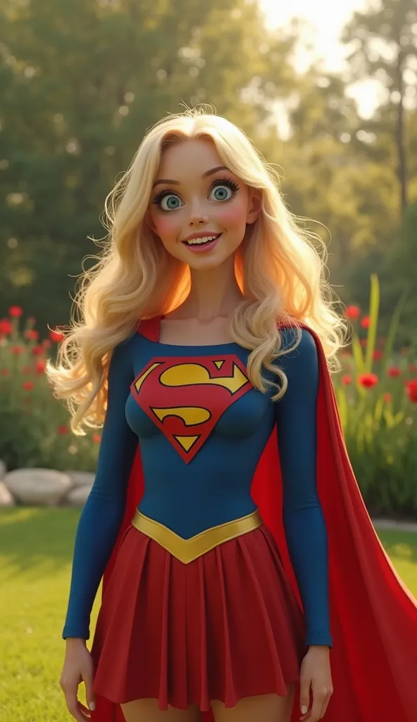 A female supergirl superhero character stands in a lush, sunlit garden.

The character has fair skin and long wavy blonde hair and has exaggerated facial expressions of a wide smile, and raised both hands up.

She wears a blue suit with red and yellow embl...